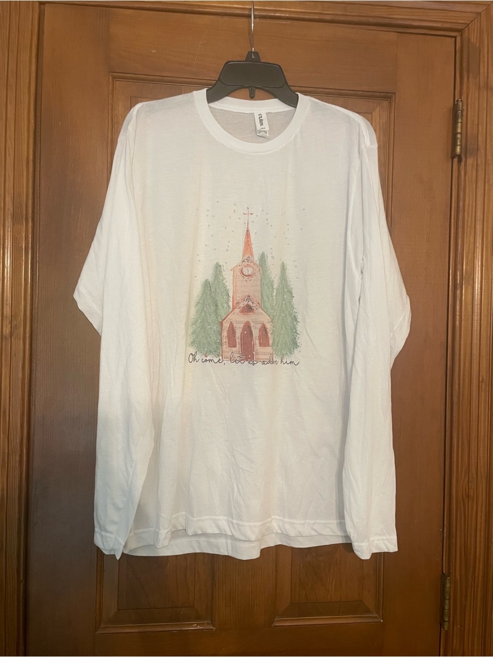 Tultex White Long Sleeve Tee, Church Graphic “Oh come, let us adore Him”, Sz L